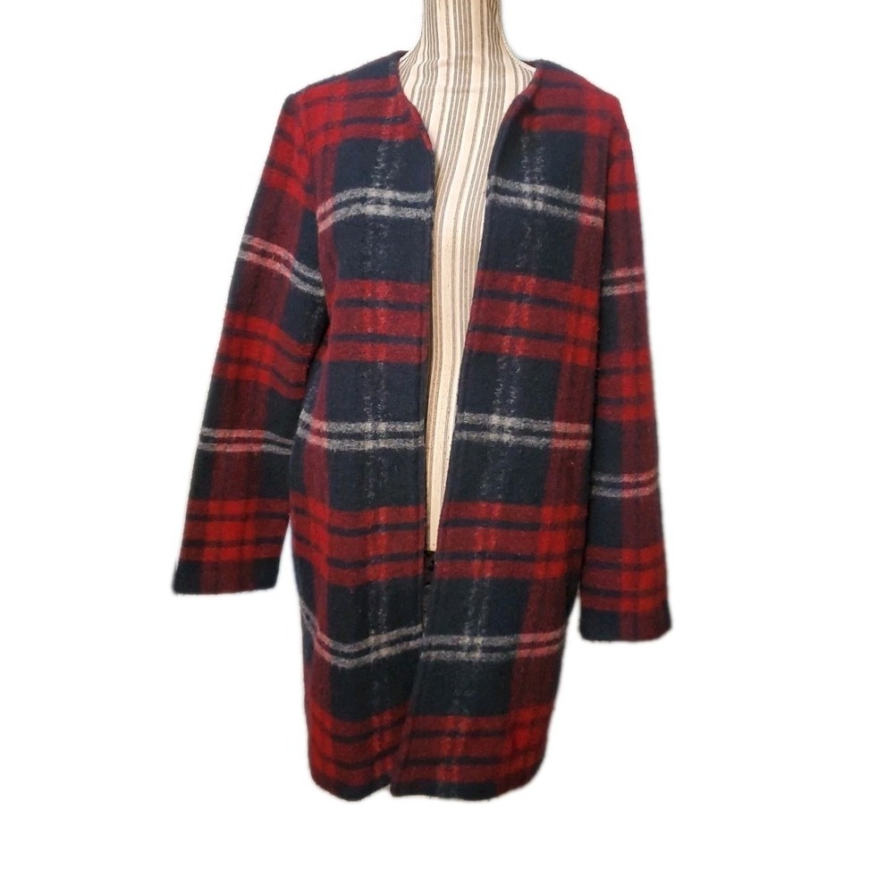 Max Studio Women's Sz L Coat Gorgeous Wool Blend Plaid Tartan Open Front
